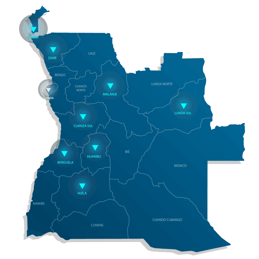 Map of Angola showing RCS technical centres by province